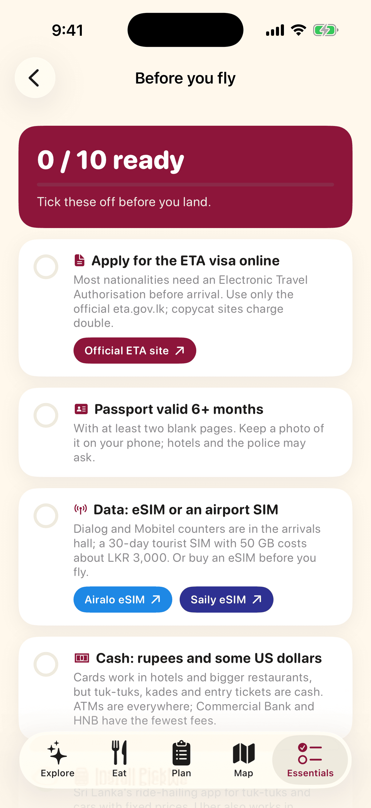 Before you fly screen of the VisitSrilanka app