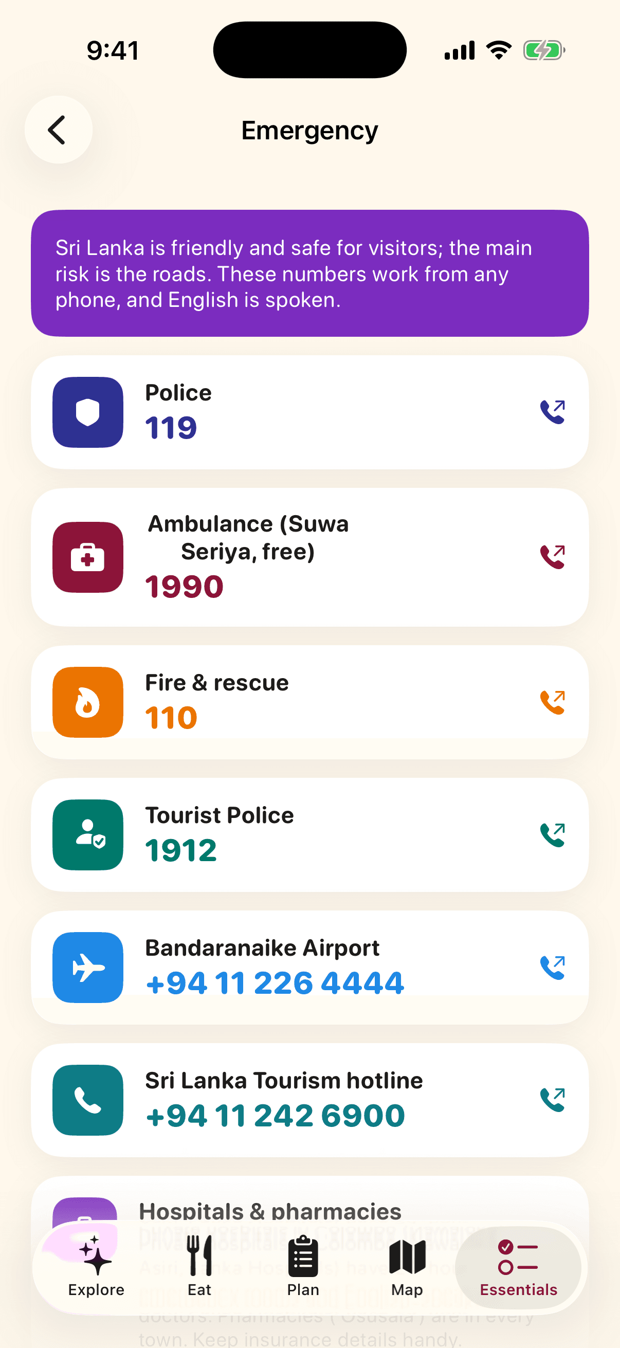 Emergency numbers screen of the VisitSrilanka app