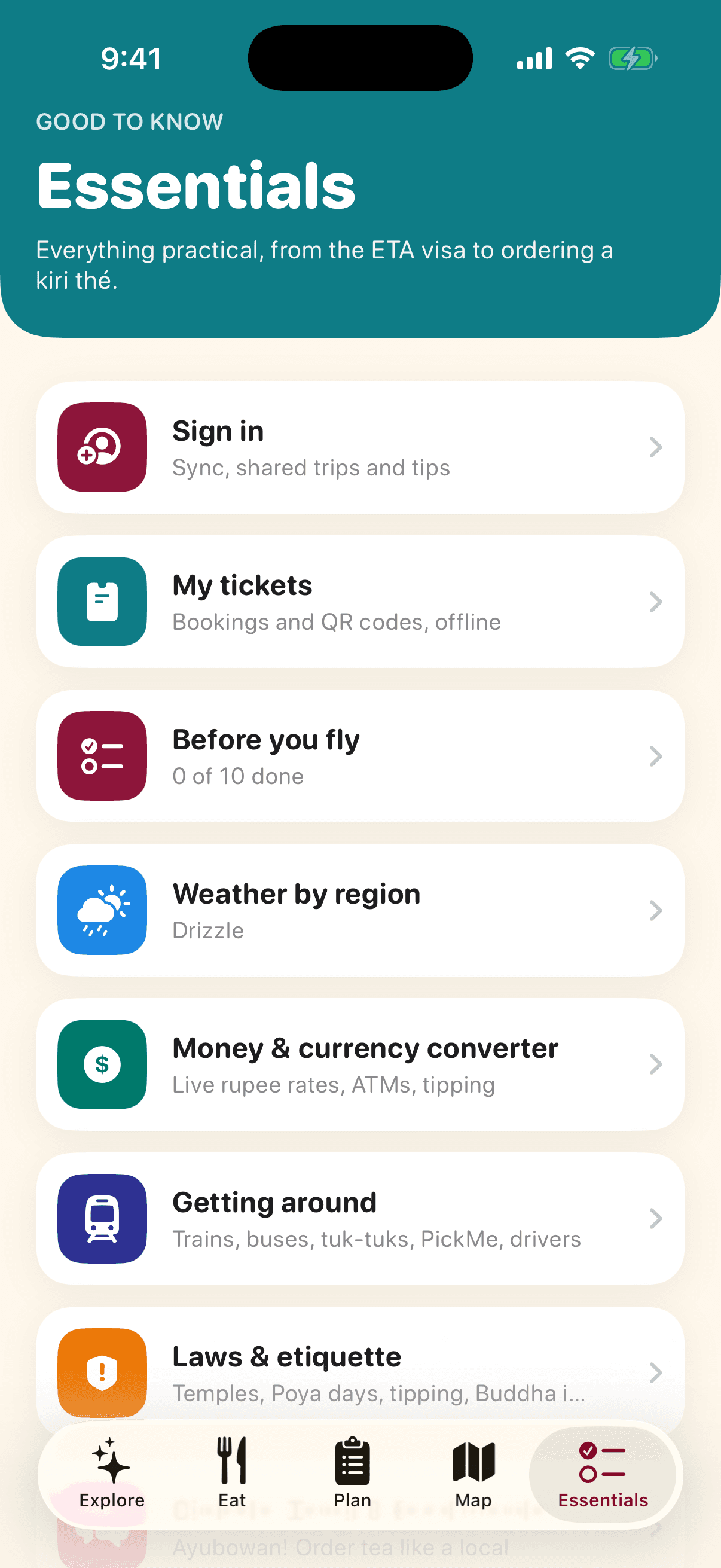 Essentials screen of the VisitSrilanka app