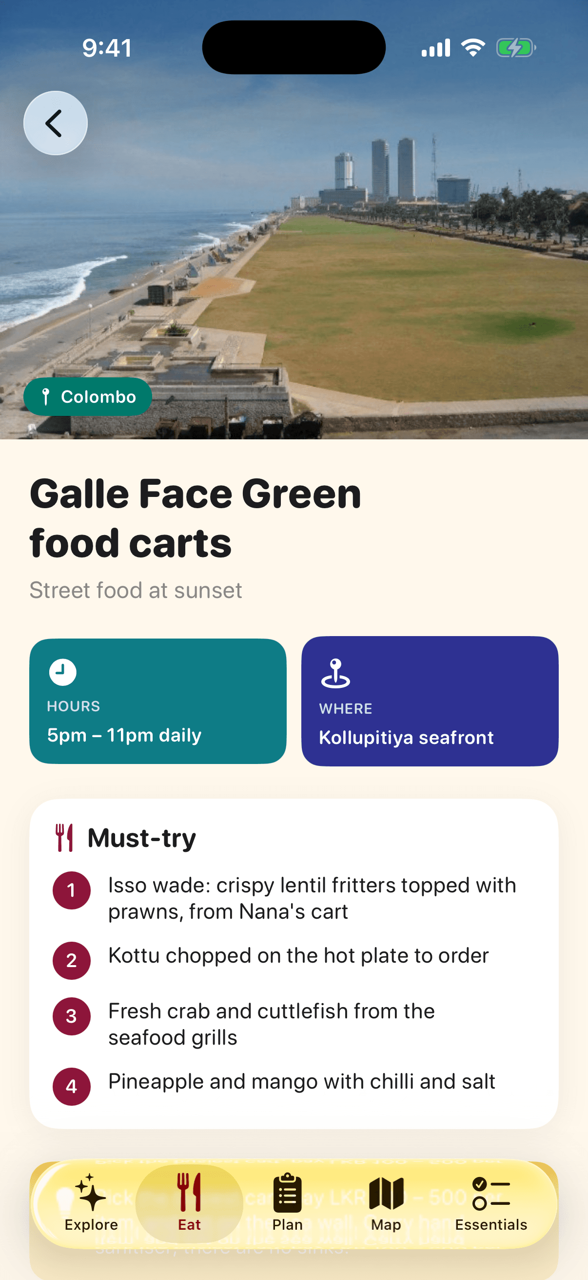 Food hub guide screen of the VisitSrilanka app