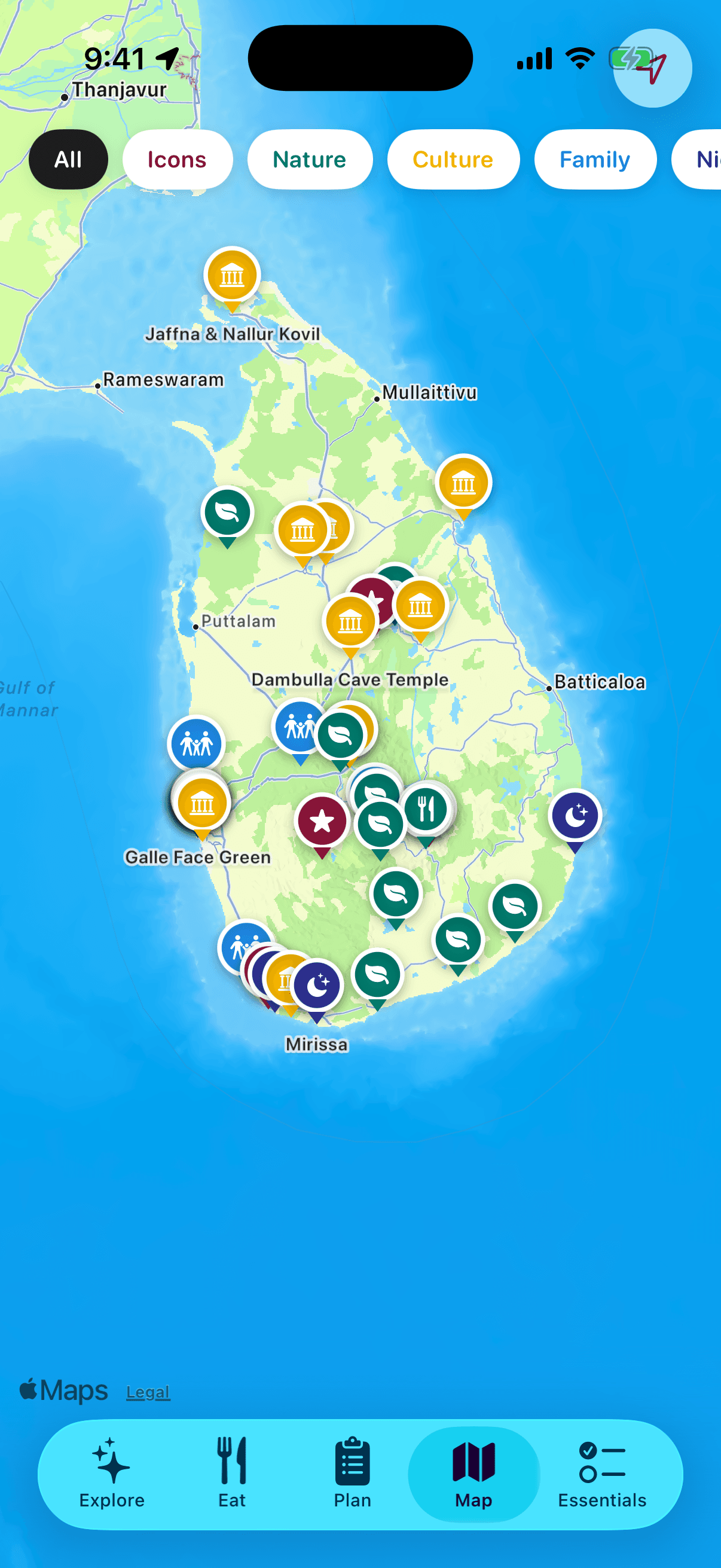 Map screen of the VisitSrilanka app