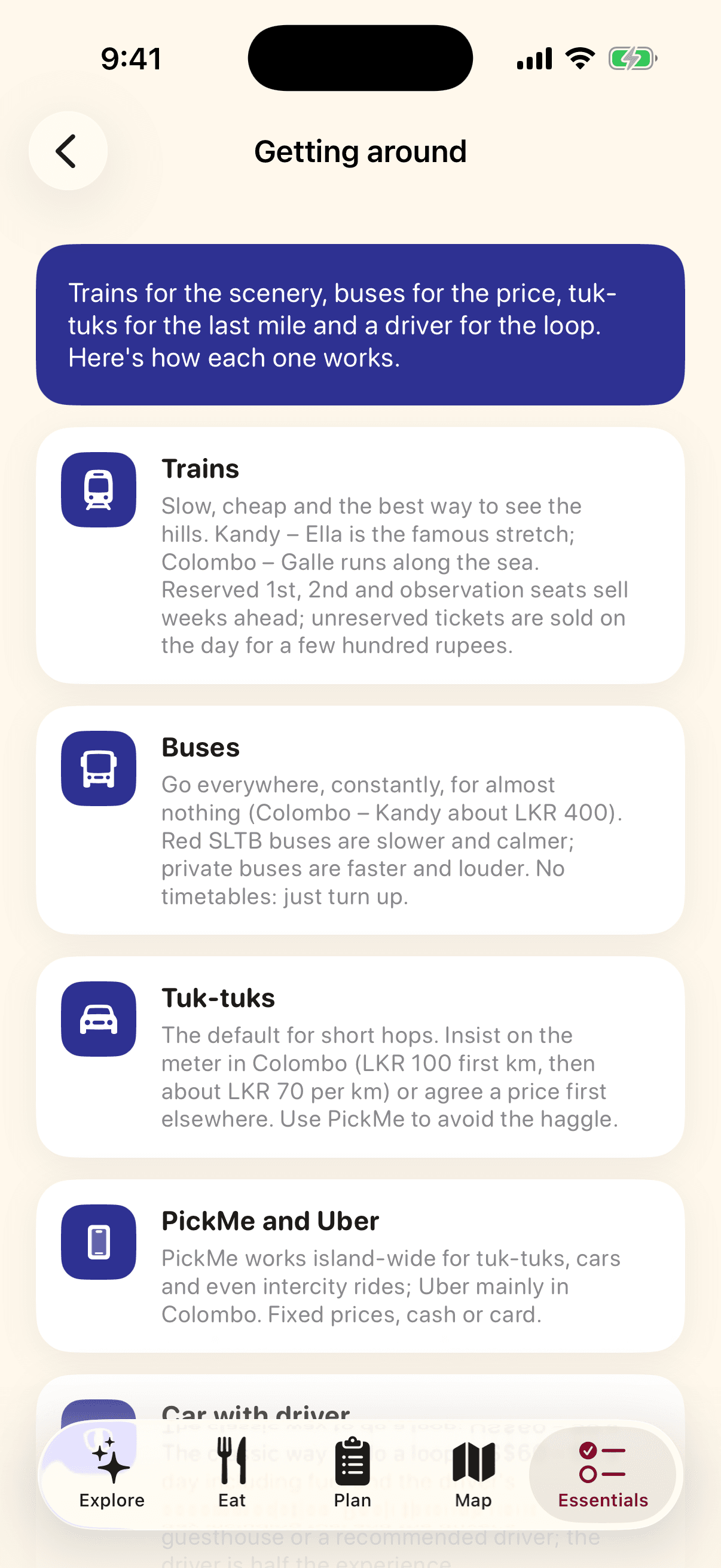 Getting around screen of the VisitSrilanka app